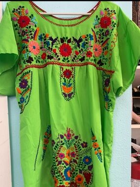 Lime Green Embroidered Mexican Peasant Dress